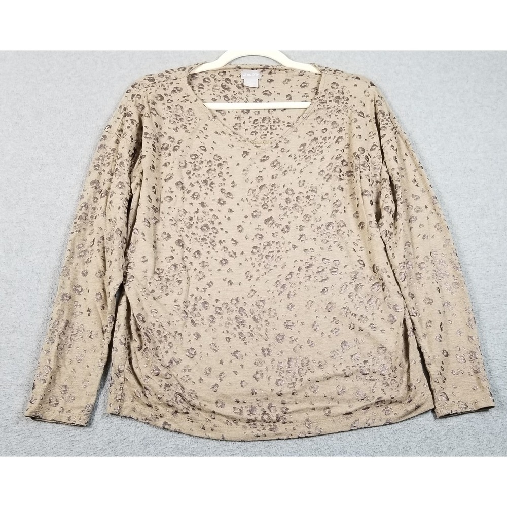Chico's Top Women‎ Medium M 1 Brown Metallic Animal Print Long Sleeve V-Neck Tee